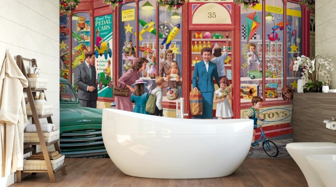 fargerikt tilpassbart tapetmaleri fra svunnen tid kalt Corner Toy Shop av Victor McLindon for omsorgsboliger