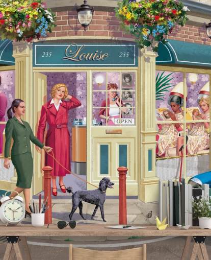 colourful customisable bygone era wallpaper mural called Corner Hairdressers by Victor McLindon for care homes colourful customisable bygone era wallpaper mural called Corner Hairdressers by Victor McLindon for care homes