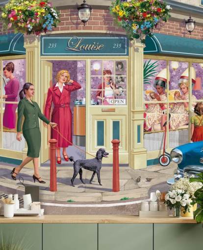 colourful customisable bygone era wallpaper mural called Corner Hairdressers by Victor McLindon for care homes colourful customisable bygone era wallpaper mural called Corner Hairdressers by Victor McLindon for care homes