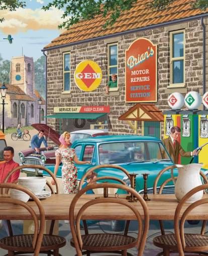 colourful customisable bygone era wallpaper mural called Village Petrol Station by Victor McLindon for care homes colourful customisable bygone era wallpaper mural called Village Petrol Station by Victor McLindon for care homes