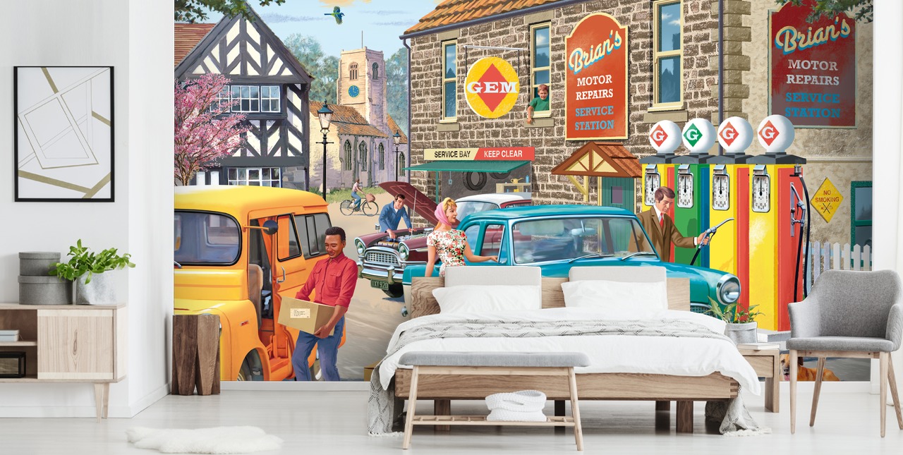 colorful customizable bygone era wallpaper mural called Village Petrol Station by Victor McLindon for care homes colorful customizable bygone era wallpaper mural called Village Petrol Station by Victor McLindon for care homes