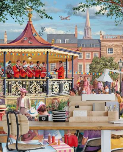 colourful custom bygone era wallpaper mural called Band in the Park by Victor McLindon for care homes colourful custom bygone era wallpaper mural called Band in the Park by Victor McLindon for care homes