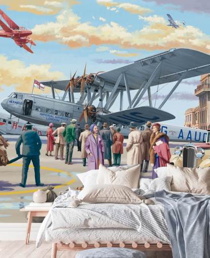 colourful customisable bygone era wallpaper mural called Vintage Air Show by Victor McLindon for care homes colourful customisable bygone era wallpaper mural called Vintage Air Show by Victor McLindon for care homes