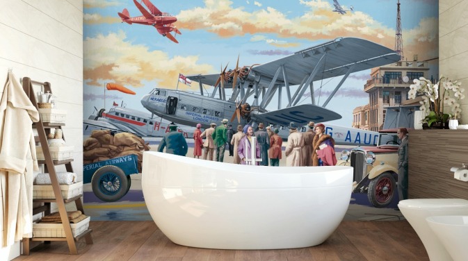 fargerikt tilpassbart tapetmaleri fra svunnen tid kalt Vintage Air Show av Victor McLindon for omsorgsboliger