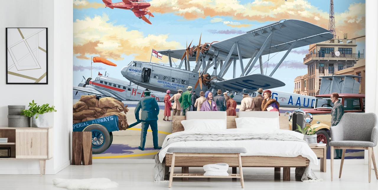 colourful customisable bygone era wallpaper mural called Vintage Air Show by Victor McLindon for care homes