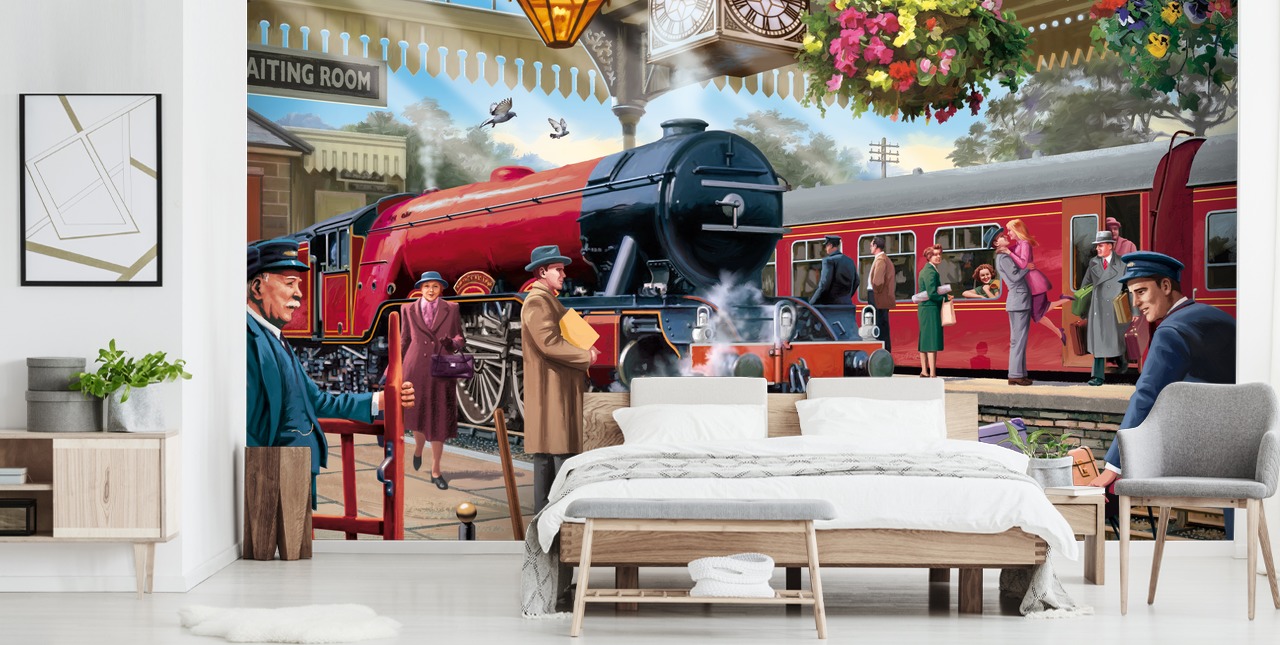 carta da parati murale colorata di epoca passata chiamata Stazione ferroviaria degli anni '60 di Victor McLindon per case di cura carta da parati murale colorata di epoca passata chiamata Stazione ferroviaria degli anni '60 di Victor McLindon per case di cura