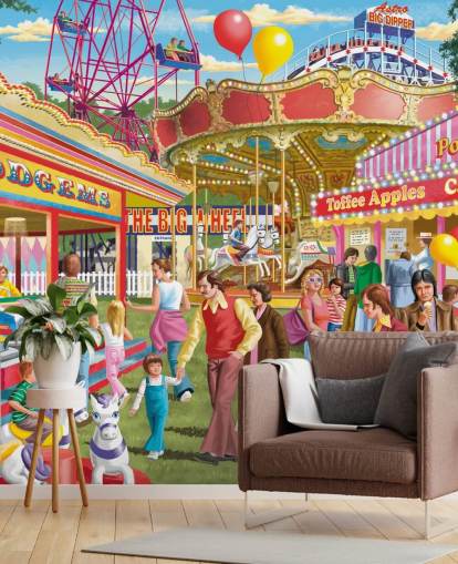 colourful customisable bygone era wallpaper mural called Fun at the Fayre by Victor McLindon for care homes colourful customisable bygone era wallpaper mural called Fun at the Fayre by Victor McLindon for care homes