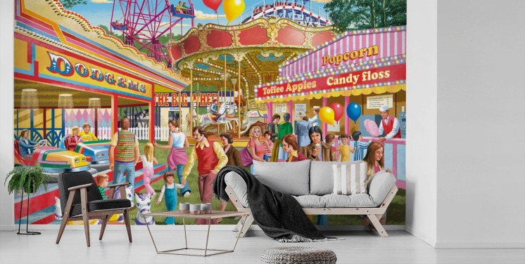 fargerikt tilpassbart tapetmaleri fra svunnen tid kalt Fun at the Fayre av Victor McLindon for omsorgshjem