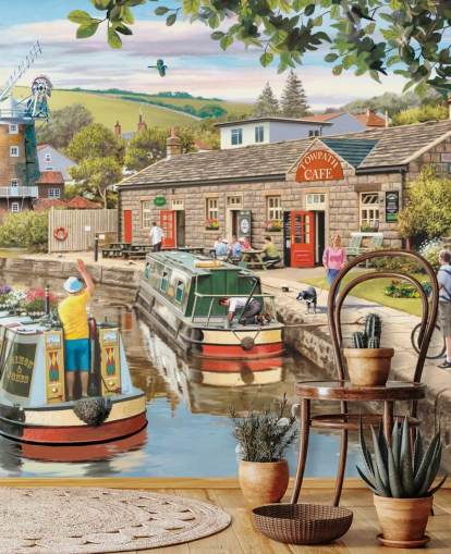 colourful custom bygone era wallpaper mural called By the Canal by Victor McLindon for care homes colourful custom bygone era wallpaper mural called By the Canal by Victor McLindon for care homes