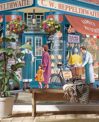 colourful custom butchers facade wallpaper mural called Corner Butchers by Victor McLindon for care homes colourful custom butchers facade wallpaper mural called Corner Butchers by Victor McLindon for care homes
