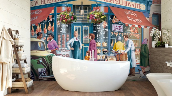 colorful custom butchers facade wallpaper mural called Corner Butchers by Victor McLindon for care homes