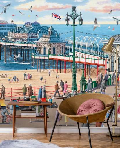 colourful customisable brighton wallpaper mural called Vintage Brighton by Victor McLindon for care homes colourful customisable brighton wallpaper mural called Vintage Brighton by Victor McLindon for care homes