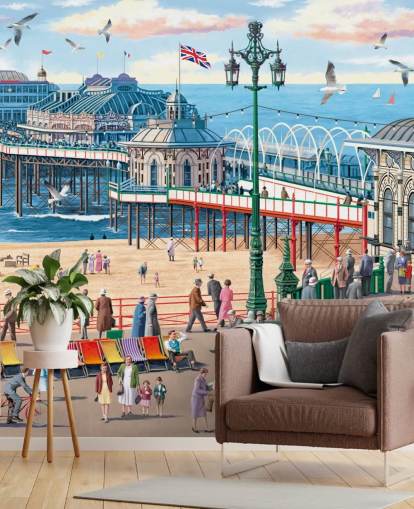 kleurrijke aanpasbare Brighton behangmuurschildering genaamd Vintage Brighton van Victor McLindon voor verzorgingstehuizen kleurrijke aanpasbare Brighton behangmuurschildering genaamd Vintage Brighton van Victor McLindon voor verzorgingstehuizen