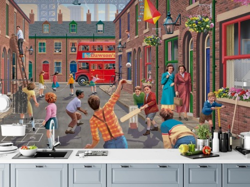 colorful custom bygone era wallpaper mural called Playing Outside by Victor McLindon for care homes