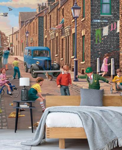 colourful custom bygone era wallpaper mural called Playing Outside II by Victor McLindon for care homes colourful custom bygone era wallpaper mural called Playing Outside II by Victor McLindon for care homes