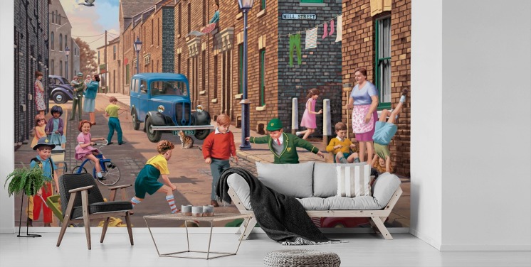 colorful custom bygone era wallpaper mural called Playing Outside II by Victor McLindon for care homes