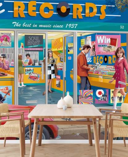 colourful custom record store wallpaper mural called Day at the Record Store by Victor McLindon for care homes colourful custom record store wallpaper mural called Day at the Record Store by Victor McLindon for care homes