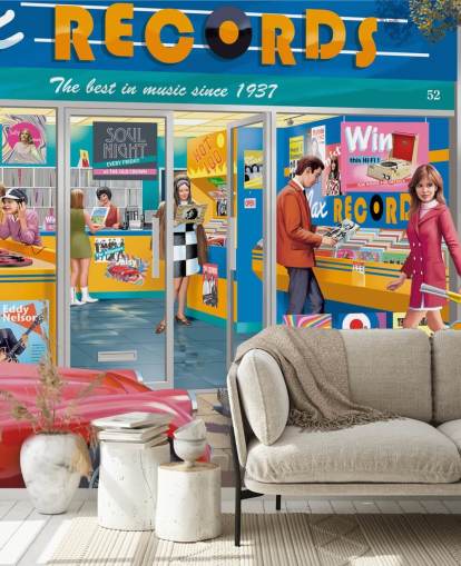 colourful custom record store wallpaper mural called Day at the Record Store by Victor McLindon for care homes colourful custom record store wallpaper mural called Day at the Record Store by Victor McLindon for care homes