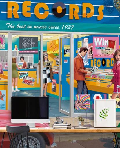 colourful custom record store wallpaper mural called Day at the Record Store by Victor McLindon for care homes colourful custom record store wallpaper mural called Day at the Record Store by Victor McLindon for care homes