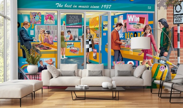 colorful custom record store wallpaper mural called Day at the Record Store by Victor McLindon for care homes