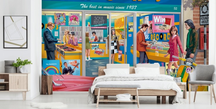 colourful custom record store wallpaper mural called Day at the Record Store by Victor McLindon for care homes