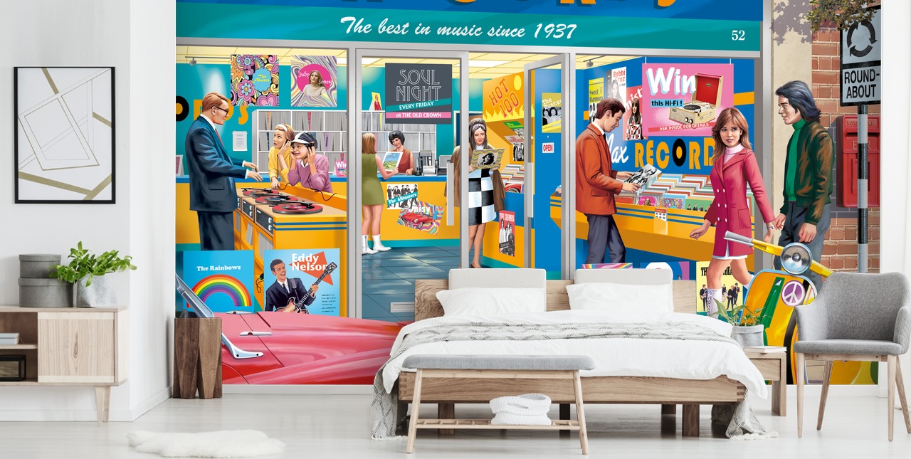 colourful custom record store wallpaper mural called Day at the Record Store by Victor McLindon for care homes colourful custom record store wallpaper mural called Day at the Record Store by Victor McLindon for care homes