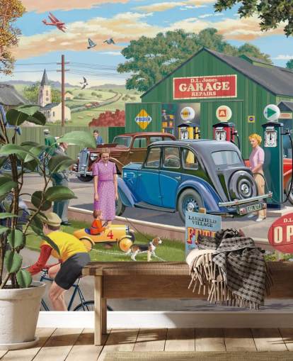 colourful custom garage wallpaper mural called Vintage Garage by Victor McLindon for care homes colourful custom garage wallpaper mural called Vintage Garage by Victor McLindon for care homes