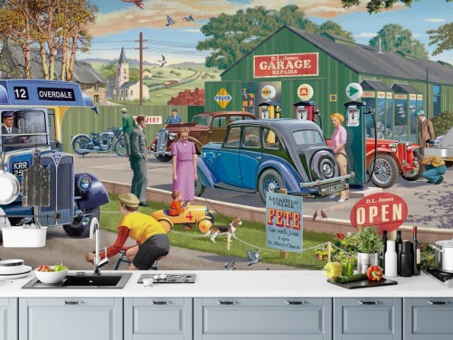 kleurrijke garagebehangmuurschildering op maat genaamd Vintage Garage van Victor McLindon voor verzorgingstehuizen