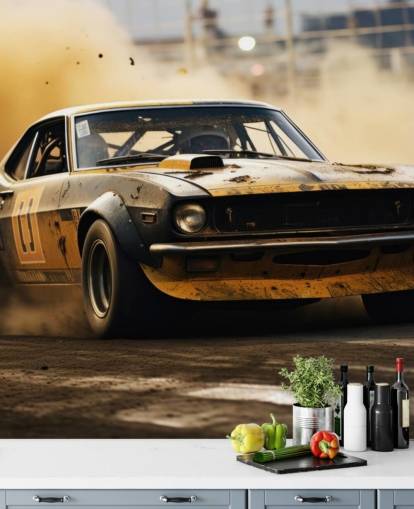 gult og svart tilpasset amerikansk motorsport tapetmaleri kalt Drag Race Burnout gult og svart tilpasset amerikansk motorsport tapetmaleri kalt Drag Race Burnout