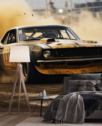 keltainen ja musta mukautettu amerikkalainen moottoriurheilun taustakuvamaalaus nimeltä Drag Race Burnout keltainen ja musta mukautettu amerikkalainen moottoriurheilun taustakuvamaalaus nimeltä Drag Race Burnout