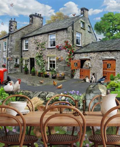 Howard Robinsonin värikäs räätälöitävä mökkitapettiseinämaalaus nimeltä Farmyard hoivakodeille Howard Robinsonin värikäs räätälöitävä mökkitapettiseinämaalaus nimeltä Farmyard hoivakodeille