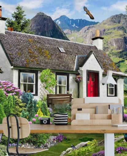 farverigt brugerdefineret sommerhustapet vægmaleri kaldet Lochside Cottage af Howard Robinson til plejehjem farverigt brugerdefineret sommerhustapet vægmaleri kaldet Lochside Cottage af Howard Robinson til plejehjem