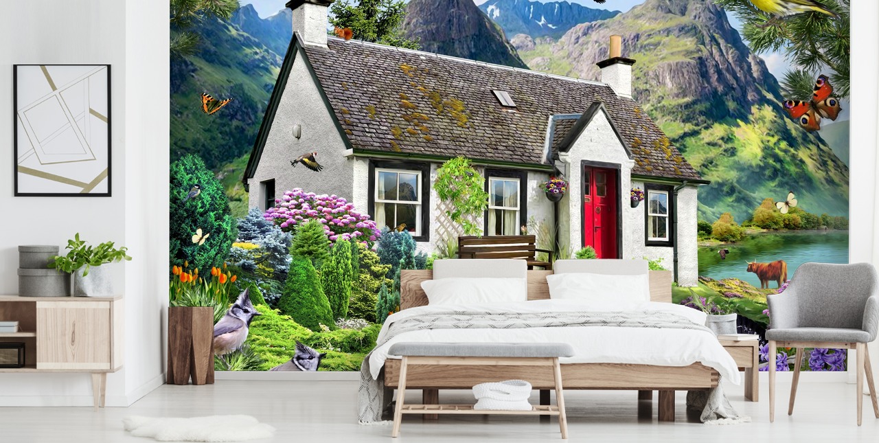 colourful custom cottage wallpaper mural called Lochside Cottage by Howard Robinson for care homes
