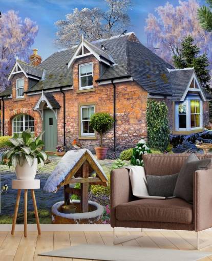 colourful custom cottage wallpaper mural called Snowdrop Cottage by Howard Robinson for care homes colourful custom cottage wallpaper mural called Snowdrop Cottage by Howard Robinson for care homes