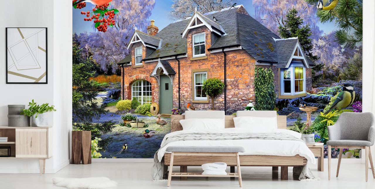 colourful custom cottage wallpaper mural called Snowdrop Cottage by Howard Robinson for care homes