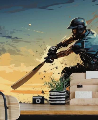 sininen ja oranssi krikettiseinämaalaus nimeltä Cricket Batsman teini-ikäisten makuuhuoneisiin ja pelihuoneisiin sininen ja oranssi krikettiseinämaalaus nimeltä Cricket Batsman teini-ikäisten makuuhuoneisiin ja pelihuoneisiin