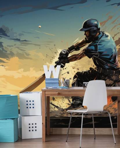 blue and orange cricket wall mural called Cricket Batsman for teen's bedrooms and games rooms blue and orange cricket wall mural called Cricket Batsman for teen's bedrooms and games rooms