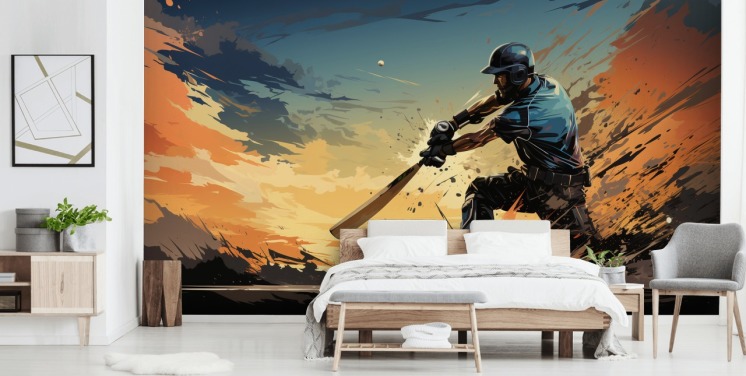 blå och orange cricket väggmålning som heter Cricket Batsman för tonåringens sovrum och spelrum