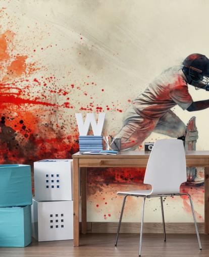 rød cricket tapetmaleri kaldet Red Watercolour Cricketer til teenagerværelser og kommercielle rum rød cricket tapetmaleri kaldet Red Watercolour Cricketer til teenagerværelser og kommercielle rum