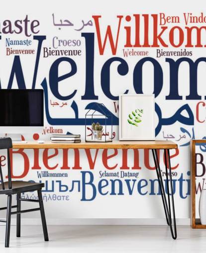 witte en blauwe muurschildering voor educatieve scholen genaamd Welcome Wordcloud witte en blauwe muurschildering voor educatieve scholen genaamd Welcome Wordcloud