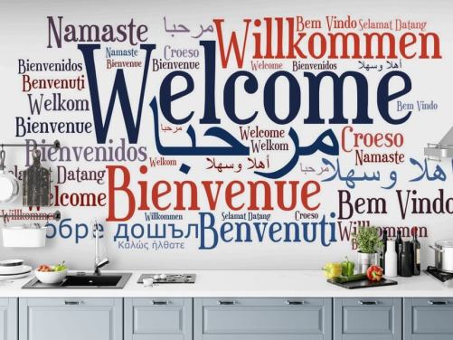 mural de papel de parede escolar educacional branco e azul chamado Welcome Wordcloud