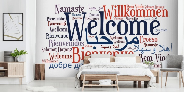 vit och blå pedagogisk skoltapet väggmålning som heter Welcome Wordcloud