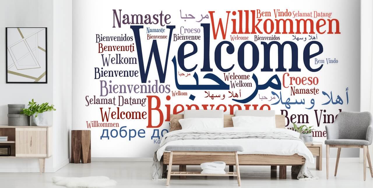 mural de papel pintado escolar blanco y azul llamado Welcome Wordcloud