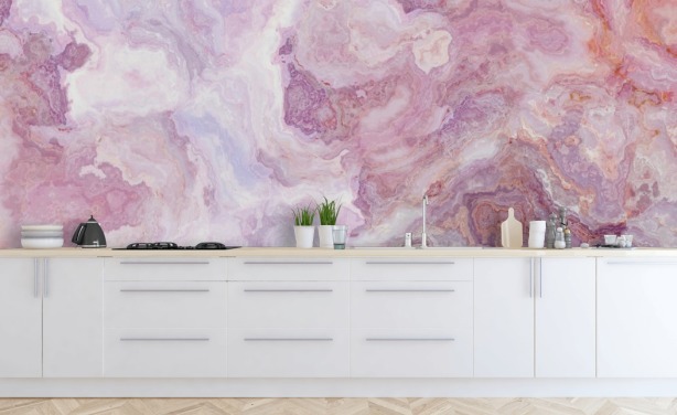 roze en paarse marmeren muurschildering genaamd Pink and Purple Swirl voor keukens, badkamers en tienerkamers