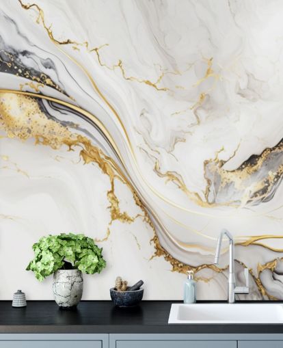mural de papel de parede de mármore branco, dourado e preto chamado Mármore de tinta branca, dourada e preta para banheiros, salas de jantar e cozinhas mural de papel de parede de mármore branco, dourado e preto chamado Mármore de tinta branca, dourada e preta para banheiros, salas de jantar e cozinhas