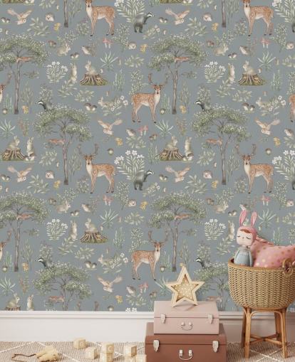 blue kids forest wallpaper mural called Blue Fantastic Forest by Kikki Belle for a nursery or kids bedroom blue kids forest wallpaper mural called Blue Fantastic Forest by Kikki Belle for a nursery or kids bedroom