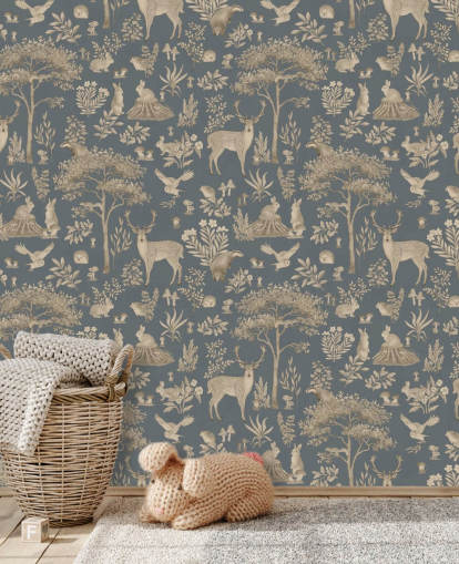 blue kids forest wallpaper mural called Vintage Blue Fantastic Forest by Kikki Belle for a nursery or kid's bedroom blue kids forest wallpaper mural called Vintage Blue Fantastic Forest by Kikki Belle for a nursery or kid's bedroom