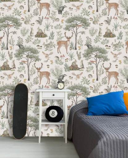 white children's forest wallpaper mural called White Fantastic Forest by Kikki Belle for a nursery or kid's bedroom white children's forest wallpaper mural called White Fantastic Forest by Kikki Belle for a nursery or kid's bedroom