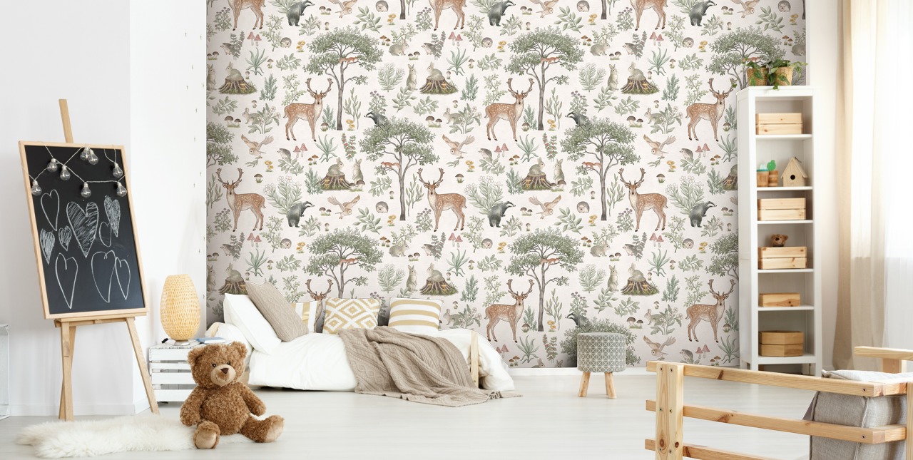 hvidt børneskovtapet vægmaleri kaldet White Fantastic Forest af Kikki Belle til en børnehave eller børns soveværelse hvidt børneskovtapet vægmaleri kaldet White Fantastic Forest af Kikki Belle til en børnehave eller børns soveværelse