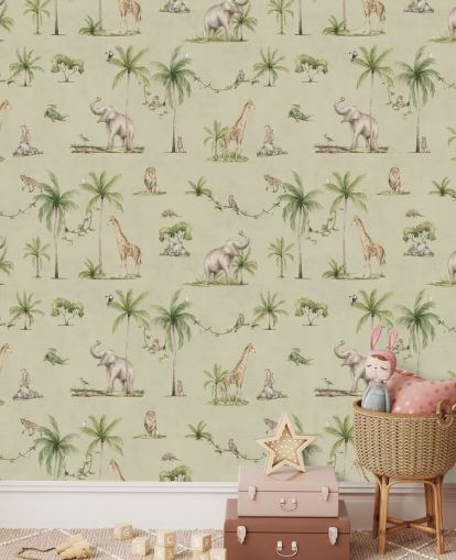 mural de papel de parede verde para crianças chamado Green Joyful Jungle de Kikki Belle para quartos infantis mural de papel de parede verde para crianças chamado Green Joyful Jungle de Kikki Belle para quartos infantis